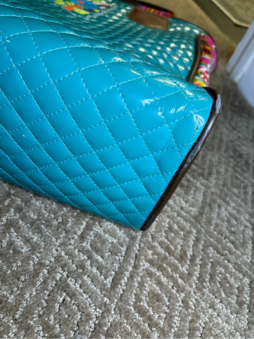 Consuela Teal Quilted Tote with Floral Side Panels and Striped Handles - Picture 11 of 12